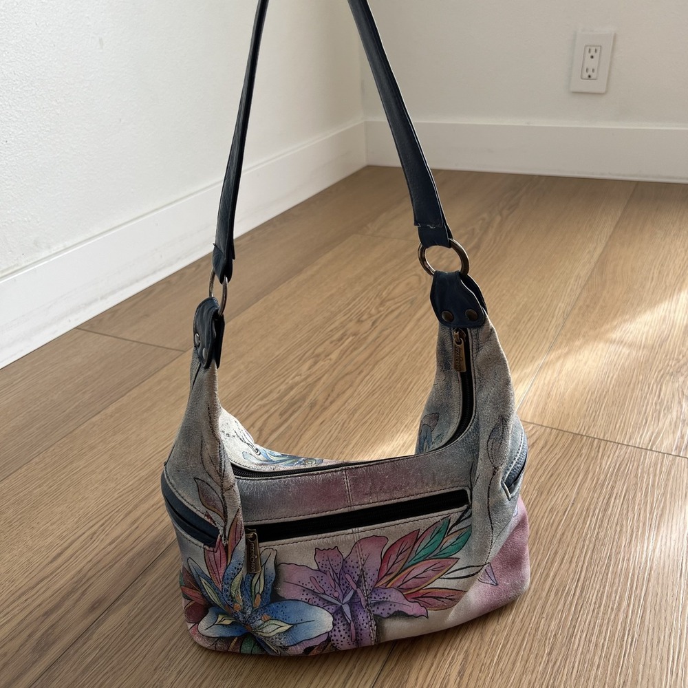 Anuschka Shoulder Bag Leather Hibiscus Flower Butterfly Hand Painted Handbag